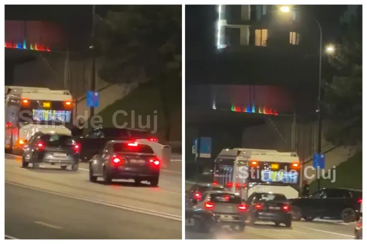 VIDEO. Accident pe Calea Florești, la intrarea în Cluj-Napoca! Un autobuz 24B și o mașină implicate în impact sub pod