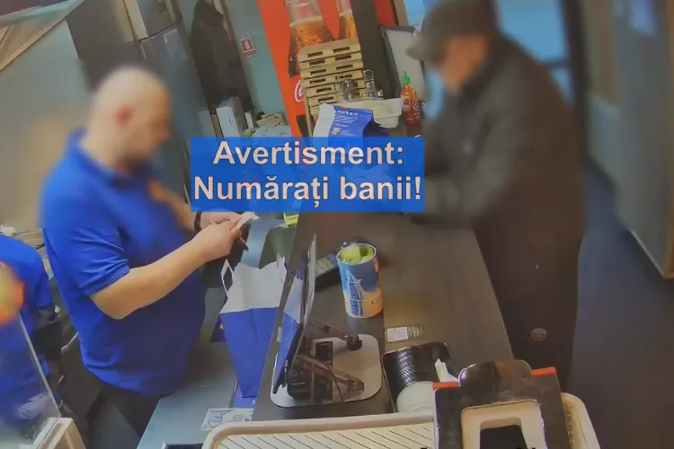 VIDEO. Cum a fost înșelat angajatul unui fast-food din Cluj de un client: I-a cerut să-i schimbe 300 lei, dar l-a lăsat fără 100 lei. Totul a fost filmat
