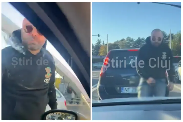 VIDEO EXCLUSIV. Scandal în trafic la Cluj: Un șofer agresiv s-a dat jos din mașină pus pe circ, a scuipat mașina altui șofer și i-a făcut gesturi obscene