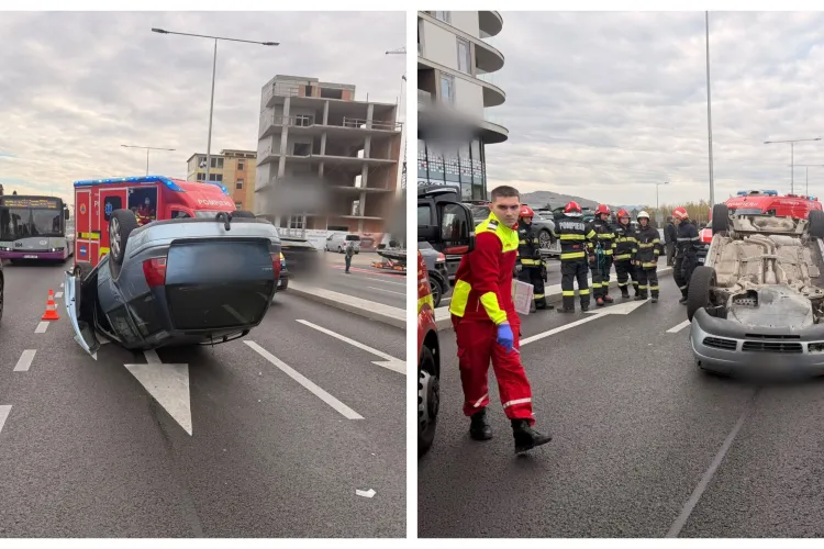 Accident rutier în Florești! O mașină s-a răsturnat, iar pompierii intervin cu descarcerarea pentru salvarea unei femei