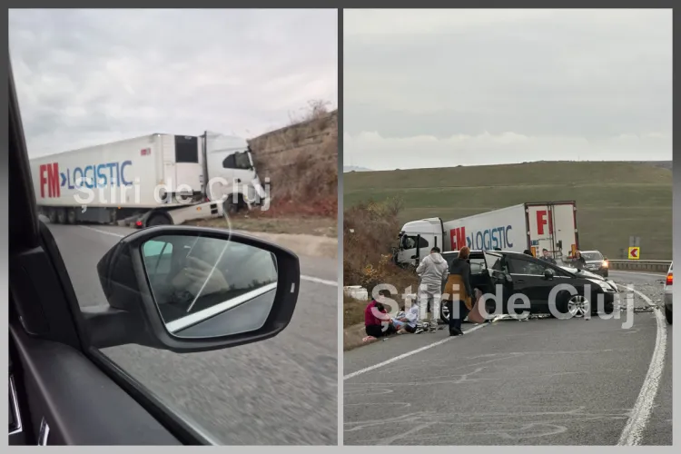 Accident grav acum pe centura Vâlcele-Apahida! Un bărbat este încarcerat. Un TIR a ajuns în malul de pământ. Mamele sunt copiii pe marginea drumului. FOTO