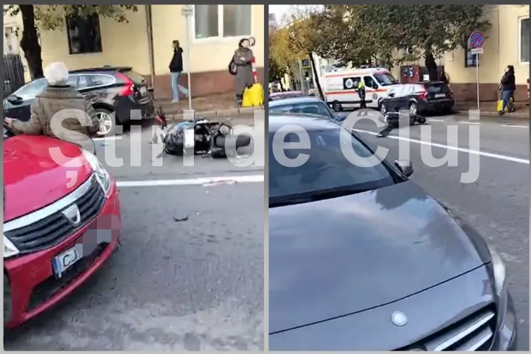 VIDEO. Accident pe strada Brâncuși din Cluj! Un scuterist a fost pus la pământ. Echipajele medicale îi acordă acum îngrijiri medicale