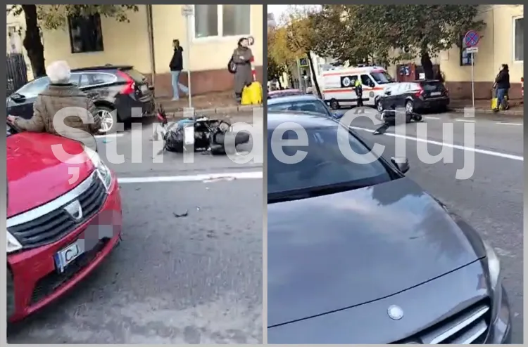 VIDEO. Accident pe strada Brâncuși din Cluj! Un scuterist a fost pus la pământ. Echipajele medicale îi acordă acum îngrijiri medicale