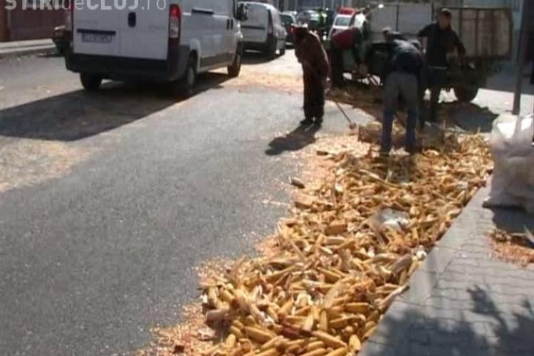 Sute de kilograme de porumb imprastiate pe o strada din Dej, in urma unui accident de circulatie VIDEO
