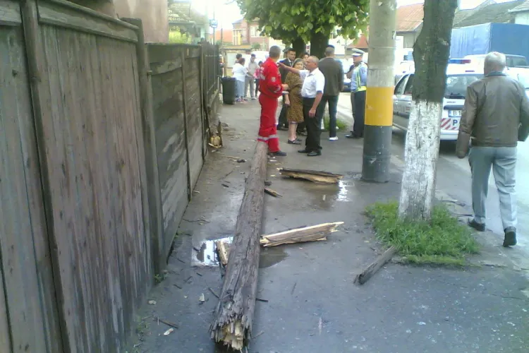 Accident pe strada Traian Vuia: O femeie s-a izbit cu masina de un stalp de telefonie si l-a doborat- Galerie FOTO