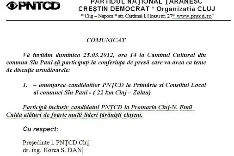 Comunicat de presa PNTCD Cluj, scris pe genunchi! Citeste-l