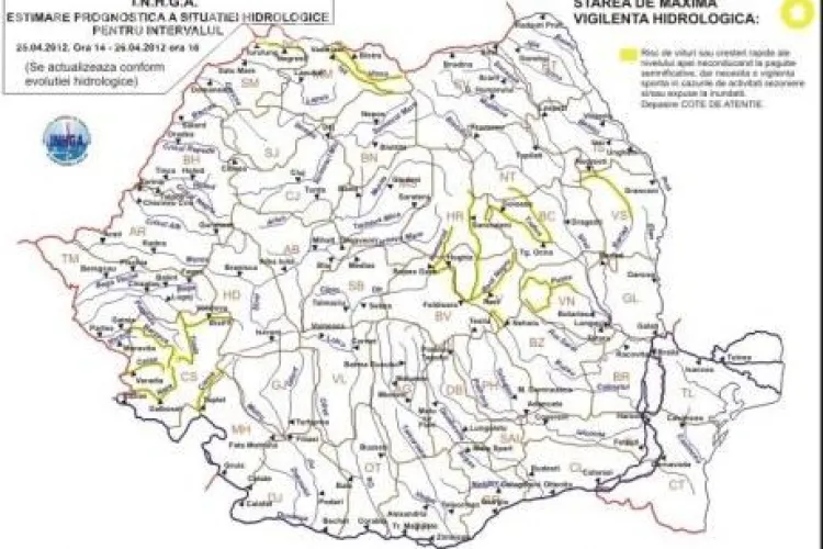 COD GALBEN de inundatii pe 13 rauri din tara! Vezi harta
