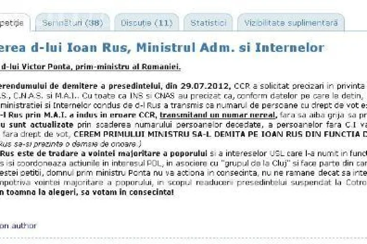 Petiţie online: Cerem demiterea d-lui Ioan Rus, Ministrul Adm. şi Internelor