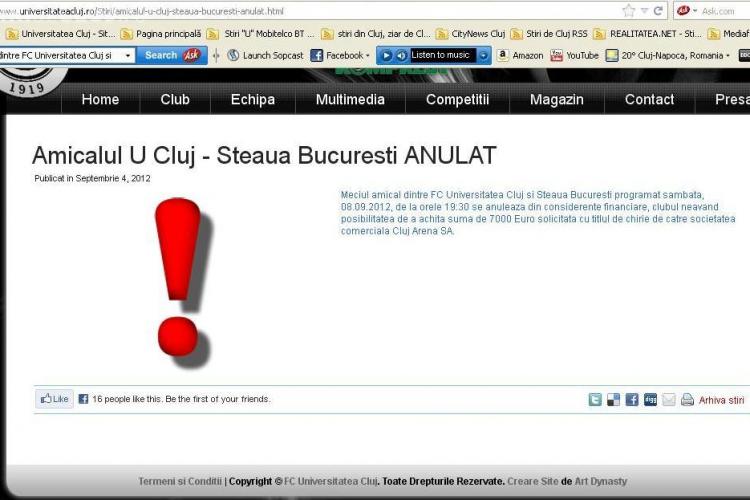 Amicalul U Cluj - Steaua Bucuresti S-A ANULAT! Vezi DE CE! 