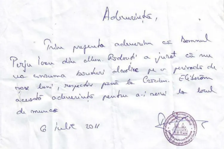 Adeverinţă de jurământ anti-alcool eliberată de Biserică 