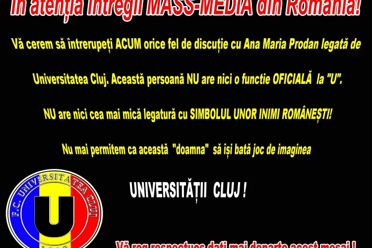Ce vor fanii "U" Cluj: Mass-media să nu mai scrie NIMIC de Anamaria Prodan