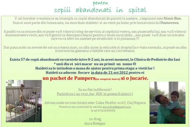 Clujenii chemați să doneze o jucărie și scutece copiilor abandonați în spital