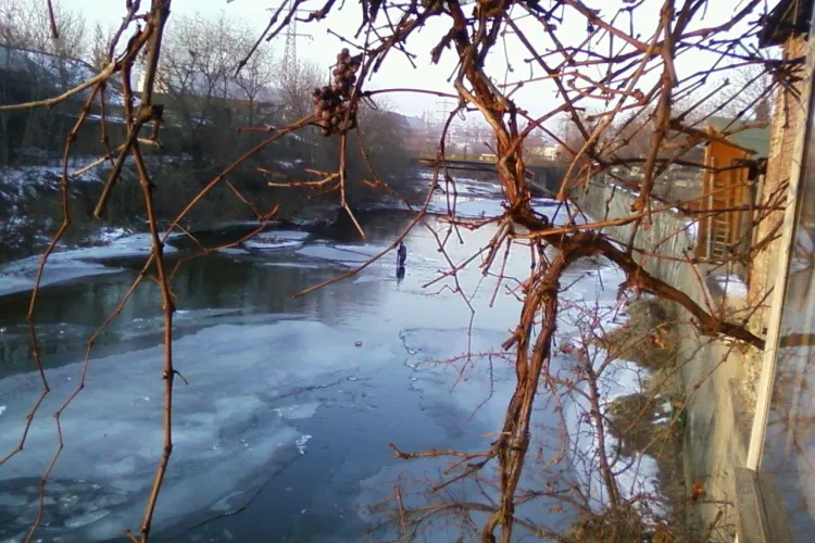 Eroi sau inconștienți! Doi clujeni sparg gheața de pe Someș la minus 7 grade Celsius - VIDEO