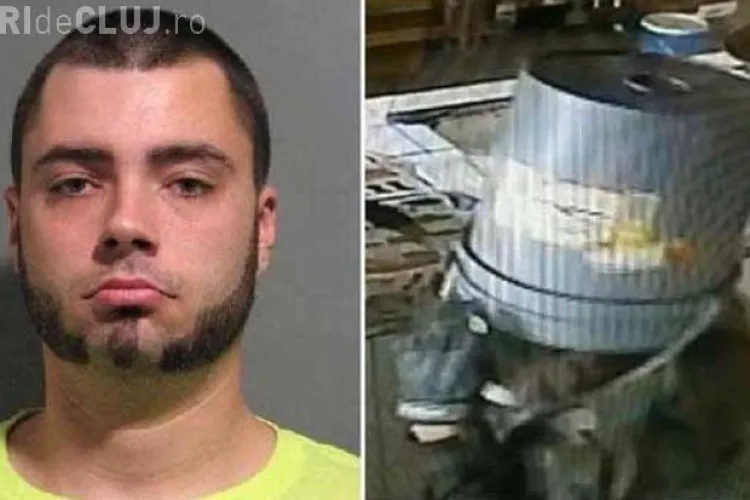 Hoț DUS cu PLUTA! A jefuit un magazin cu o GĂLEATĂ PE CAP - VIDEO