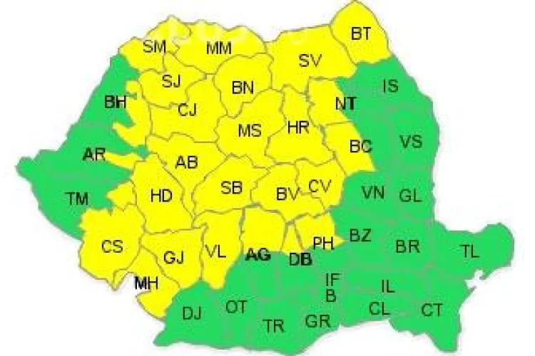 Cod galben de ploi si vijelii in Cluj si alte 25 de judete din tara