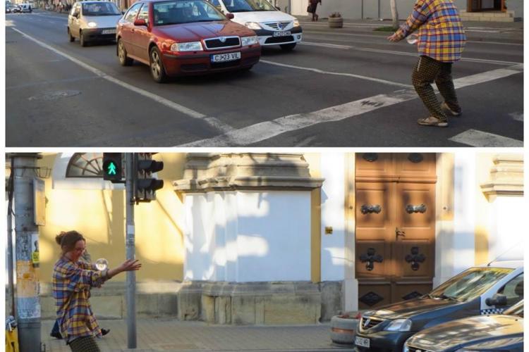 Jonglerii la semaforul din Cluj! Cine e femeia care îi distrează pe clujeni în TRAFIC? - FOTO
