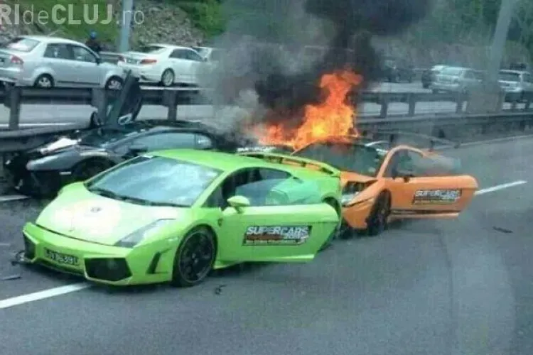 Cel mai SCUMP accident al anului! Trei Lamborghini au luat foc pe  autostradă