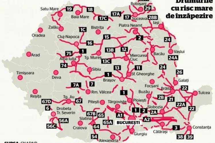CNADNR a emis harta drumurilor cu risc de înzăpezire. Vezi unde riști să rămâi blocat