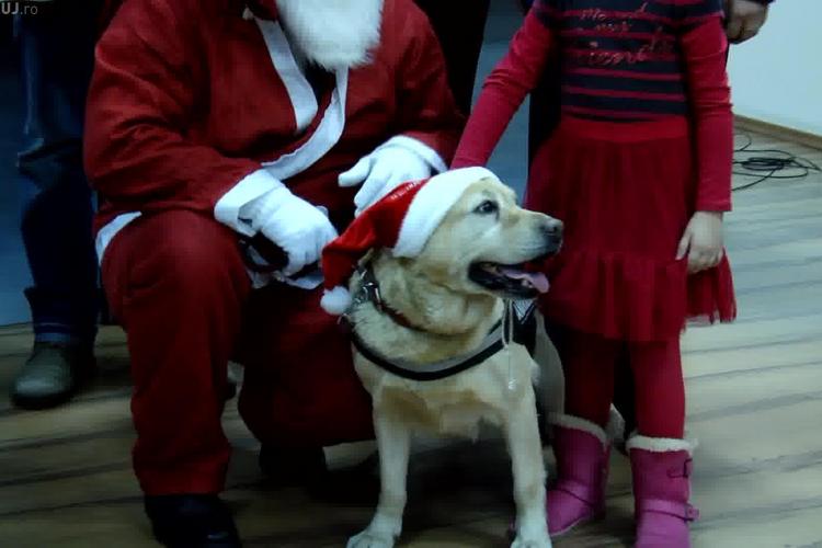 Cățelușa Linda, costumată în Crăciuniță, l-a adus pe Moș Crăciun la serbarea de la Jandarmeria Cluj - VIDEO