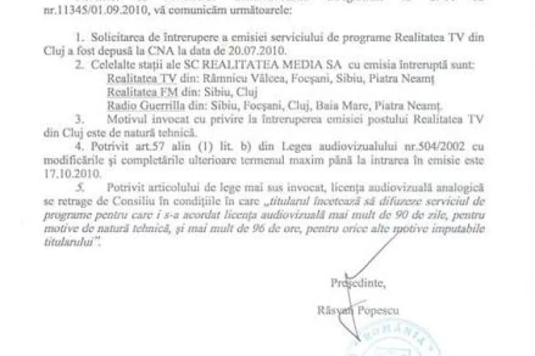 Realitatea TV Cluj a depus la CNA o cerere de intrerupere a  emisiei, cu mai mult de o luna inainte ca proprietarul sa puna lacat pe sediu-  EXCLUSIV
