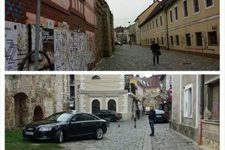 Mașinile de lux se pozează la Cluj lângă zidul Cetății Clujului, pe pietonală - FOTO