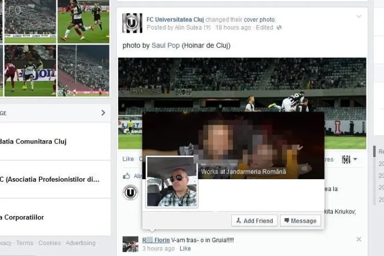 Un jandarm a scris pe pagina U Cluj: ”V-am tras-o în Gruia!!!!”