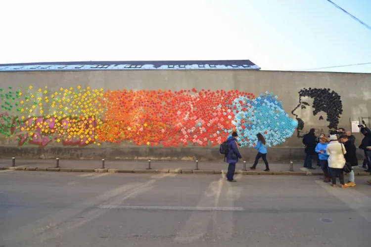 Flori de lotus din hârtie lipite pe trei ziduri din Cluj-Napoca. Este un proiect din cadrul Capitalei Europene a Tineretului