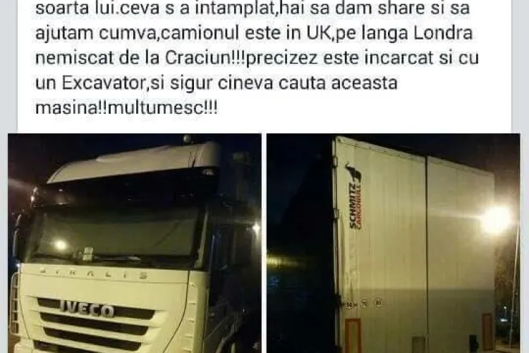 TIR din Cluj abandonat la Londra, pe marginea drumului - FOTO